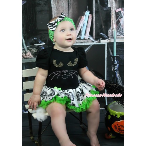 Halloween Black Baby Bodysuit Crown Skeleton Pettiskirt & Sparkle Rhinestone Black Cat Face & Dark Green Headband Zebra Satin Bow JS3968